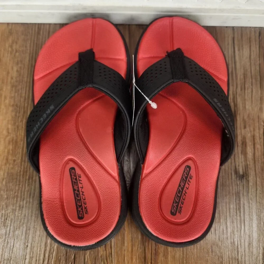 Skechers Supreme Pool Days 92224L Boys Size 11 Black Red Beach Flip Flop Sandals